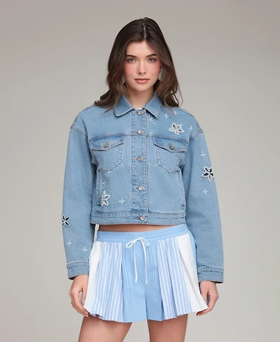 Avec Les Filles Women's Embroidered Detail Collared Denim Jacket