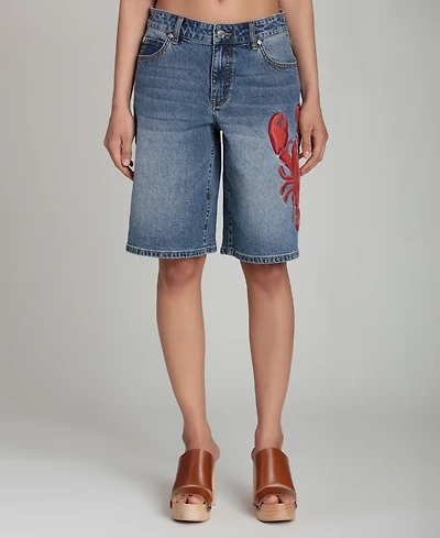 Avec Les Filles Women's Mid-Rise Lobster Embroidered Denim Shorts