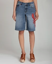 Avec Les Filles Women's Mid-Rise Lobster Embroidered Denim Shorts