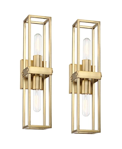 Possini Euro Design Fabian Modern Wall Light Sconces Set of 2 Warm Brass Hardwired 4" 2-Light Fixture Open Rectangular Frame for Bedroom