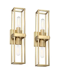 Possini Euro Design Fabian Modern Wall Light Sconces Set of 2 Warm Brass Hardwired 4" 2-Light Fixture Open Rectangular Frame for Bedroom