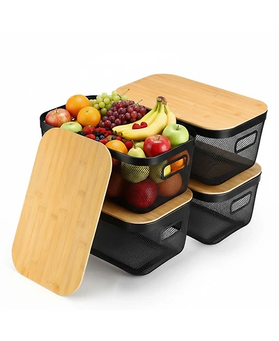 Yigii 4 Metal Mesh Stackable Baskets With Handles Lids Pantry Organization Storage For Cabinets Shelves Kitchen