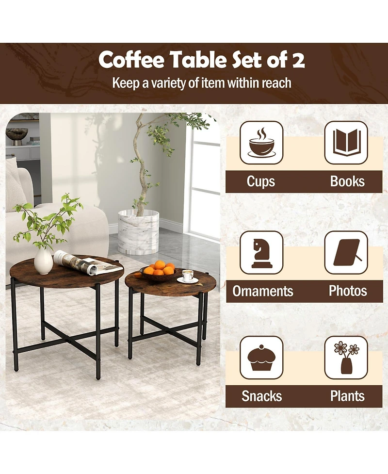Slickblue Set of 2 Round Coffee Tables Heavy Duty Metal Frame