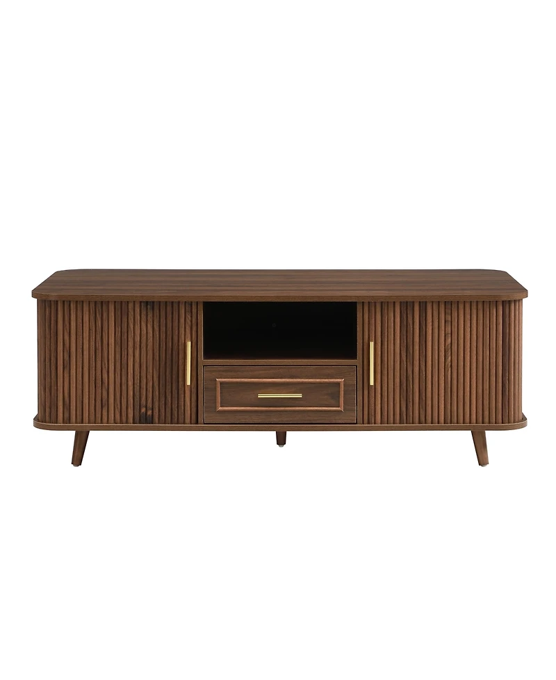 Rainsken Modern Rectangular Coffee Table with Vertical Grooved Panels, Pull-out Drawer and 6 Storage Compartments, Center Table for Living Room
