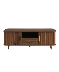 Rainsken Modern Rectangular Coffee Table with Vertical Grooved Panels, Pull-out Drawer and 6 Storage Compartments, Center Table for Living Room