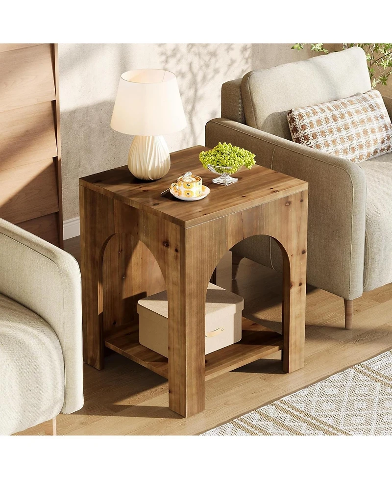 Tribesigns 2-Tier Storage Square Side Table Set of 2, Farmhouse Wooden End Table with Arch Design, Small Nightstand