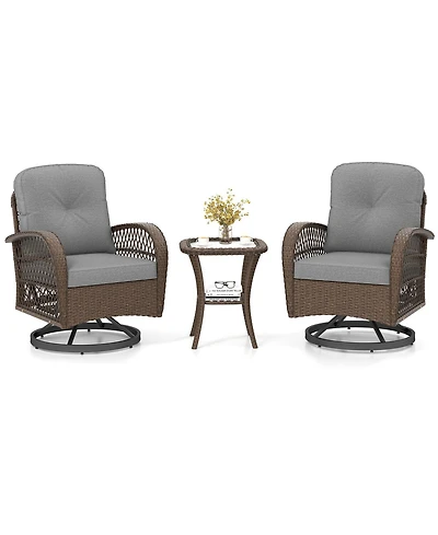 Gymax Set Of 3 Patio Swivel Rocker Set Gliding Bistro Furniture Set w/ Tempered Glass Table