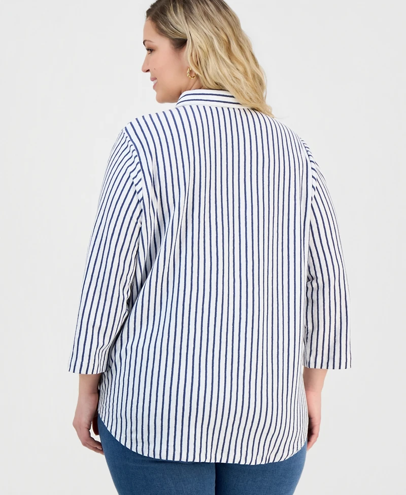 Style & Co Plus Striped Knit Roll-Tab Shirt, Macy's Exclusive