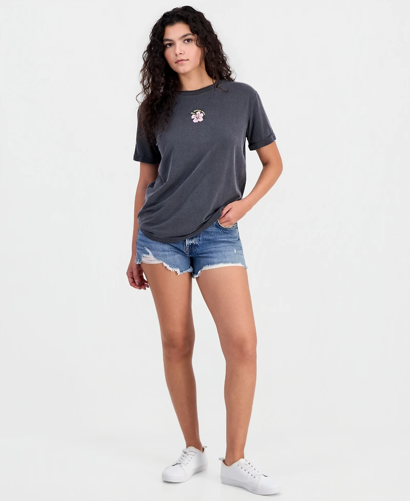 Pretty Rebellious Juniors' Hibiscus-Embroidered T-Shirt