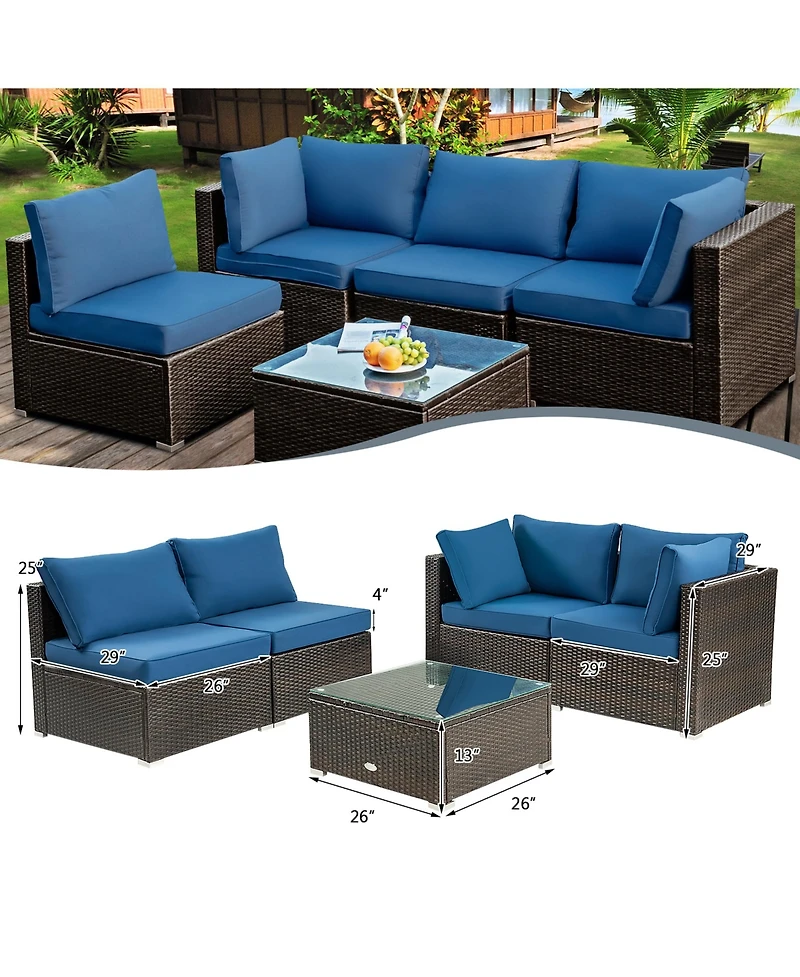 Gymax 5 Pieces Rattan Patio Conversation Set Sofa Furniture Set with Cushions