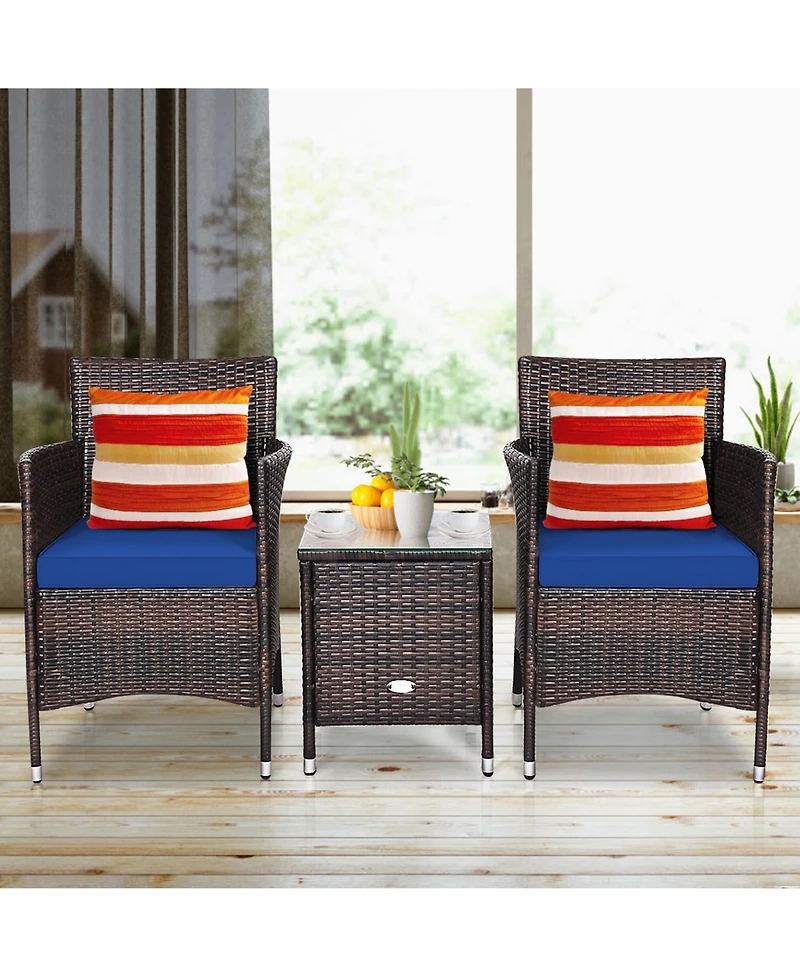Gymax 3PCS Patio Rattan Chair & Table Furniture Set Outdoor w/ Beige Cushion