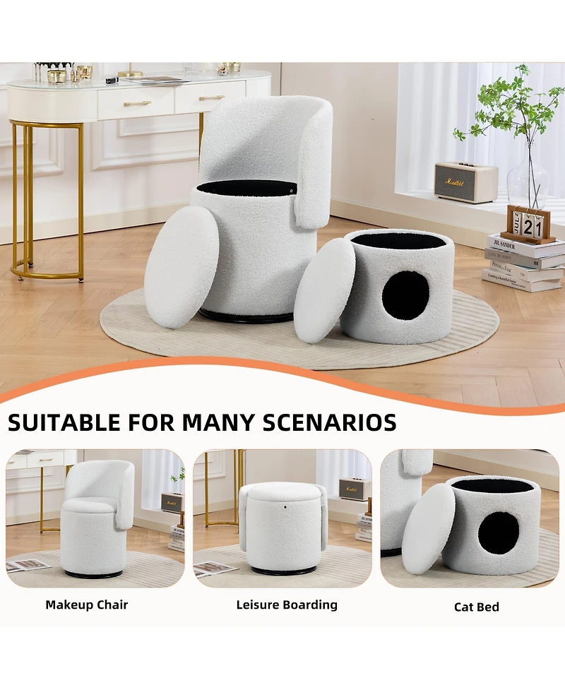 Rainsken 360 Swivel Vanity Chair, Soft Padded Makeup Stool, Multifunctional Dressing Chair with Storage, Free Cat Bed Stool Included