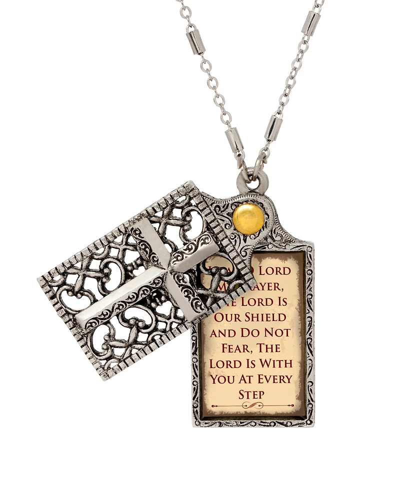 Symbols of Faith Silver Tone "Hear Oh Lord." Rectangle Cross Locket 28" Necklace