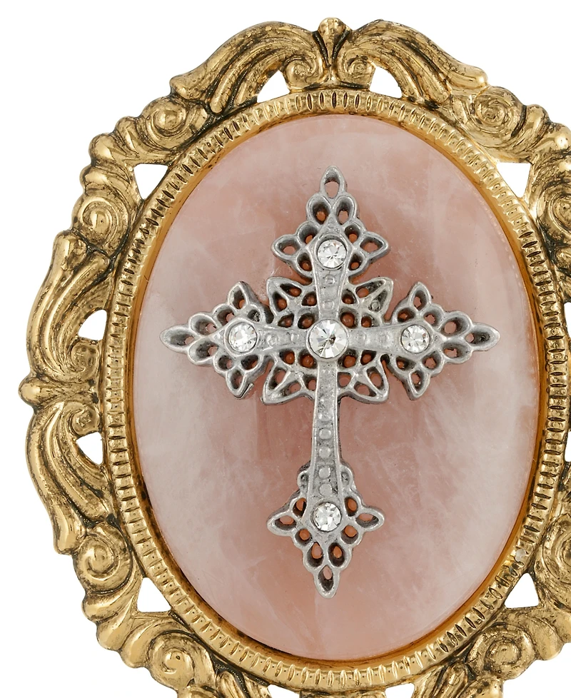 Symbols of Faith 14K Gold Dipped Rose Quartz Oval Brooch
