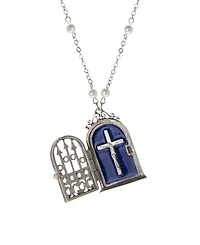 Symbols of Faith Silver Tone Blue Enamel Cross House Locket Faux Pearl Necklace