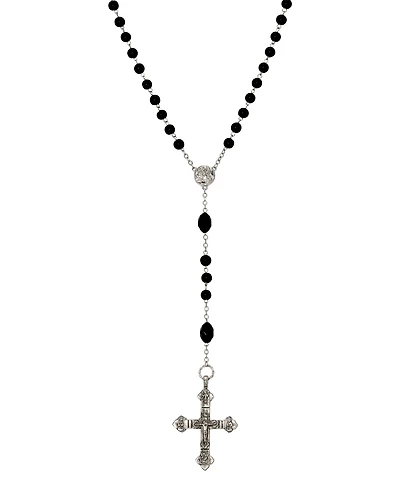 Symbols of Faith Silver Tone Black Glass Bead With Pewter Crucifix Rosary Necklace