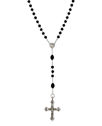 Symbols of Faith Silver Tone Black Glass Bead With Pewter Crucifix Rosary Necklace