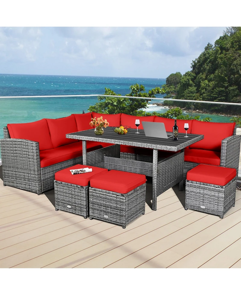 Gymax 7PCS Rattan Patio Sectional Sofa Set Conversation Set Cushions