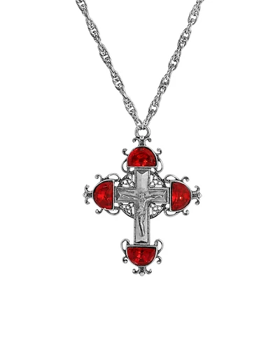 Symbols of Faith Silver Pewter-Tone Cross Siam Red Crystals 28" Necklace