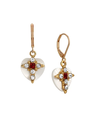 Symbols of Faith Gold Tone MoP Heart Siam Crystal Cross Leverback Earrings