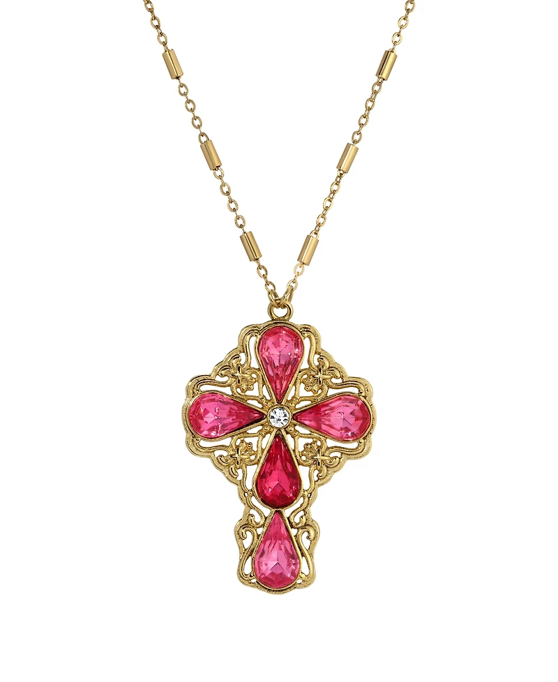 Symbols of Faith Gold-Tone Pink Rose Teardrop Crystal Pendant Cross 28" Necklace
