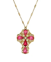 Symbols of Faith Gold-Tone Pink Rose Teardrop Crystal Pendant Cross 28" Necklace