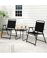 Gymax 3-Piece Patio Furniture Set Folding Fabric Chairs and Marble-Like Top Coffee Table