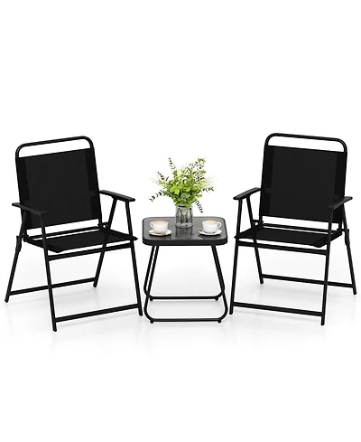 Gymax 3-Piece Patio Furniture Set Folding Fabric Chairs and Marble-Like Top Coffee Table