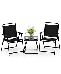 Gymax 3-Piece Patio Furniture Set Folding Fabric Chairs and Marble-Like Top Coffee Table