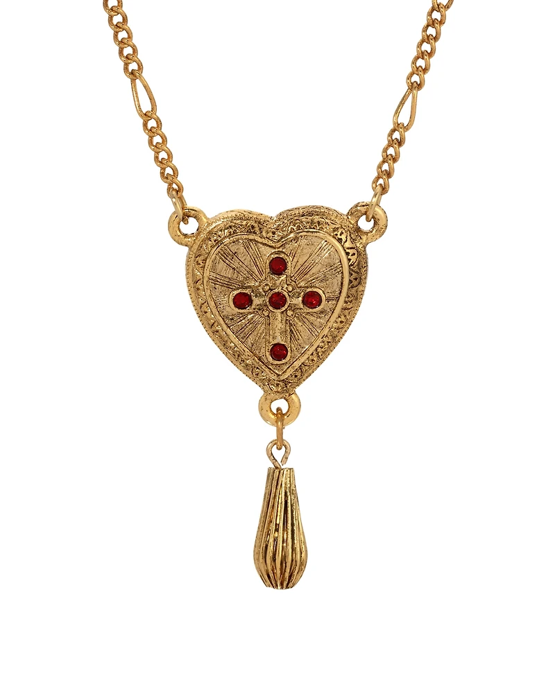Symbols of Faith Gold-Tone Heart Red Crystal Cross Bead Drop 18" Necklace