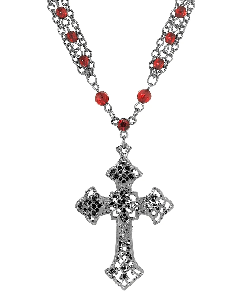 Symbols of Faith Black-Tone Gothic Cross Red Beaded 16" + 3" Chain Necklace