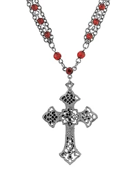 Symbols of Faith Black-Tone Gothic Cross Red Beaded 16" + 3" Chain Necklace