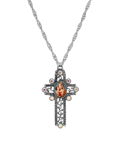 Symbols of Faith Silver-Tone/Pewter Mary Child Decal Ab Crystal Cross 28" Necklace