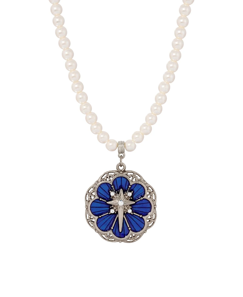 Symbols of Faith Silver-Tone Star of Bethlehem Blue Enamel Imitation Pearl Necklace