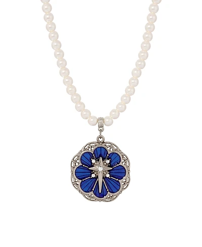 Symbols of Faith Silver-Tone Star of Bethlehem Blue Enamel Imitation Pearl Necklace
