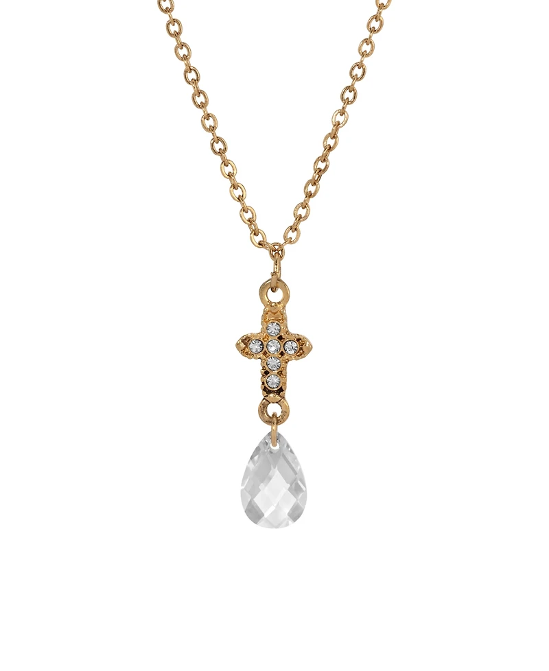 Symbols of Faith Gold-Tone Cross with Clear Crystals Clear Briolette Drop 16" Necklace