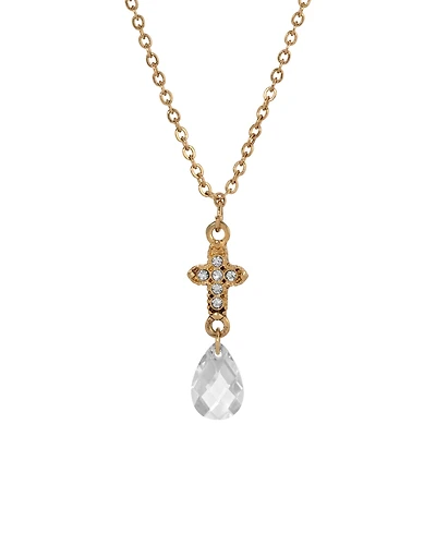 Symbols of Faith Gold-Tone Cross with Clear Crystals Clear Briolette Drop 16" Necklace
