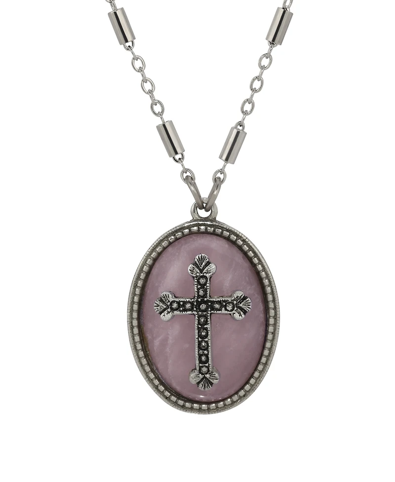 Symbols of Faith Silver-Tone Oval Rose Quartz Stone Pewter Cross 18" Necklace