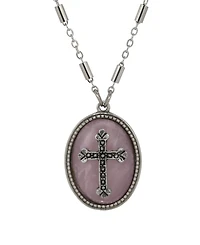 Symbols of Faith Silver-Tone Oval Rose Quartz Stone Pewter Cross 18" Necklace