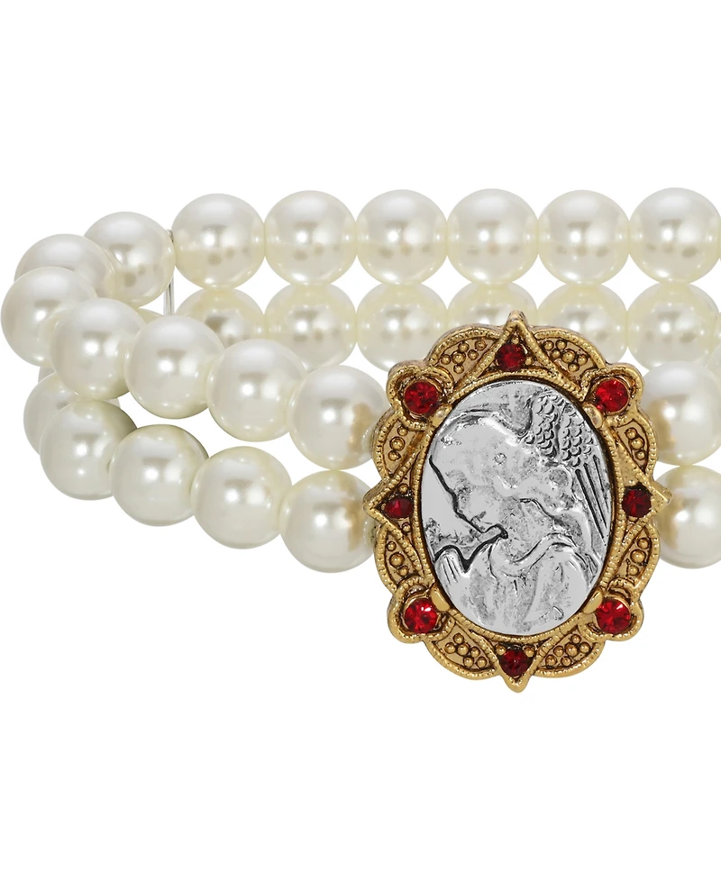 Symbols of Faith Faux Pearl Bracelet With Red Crystals Silvertone Angel