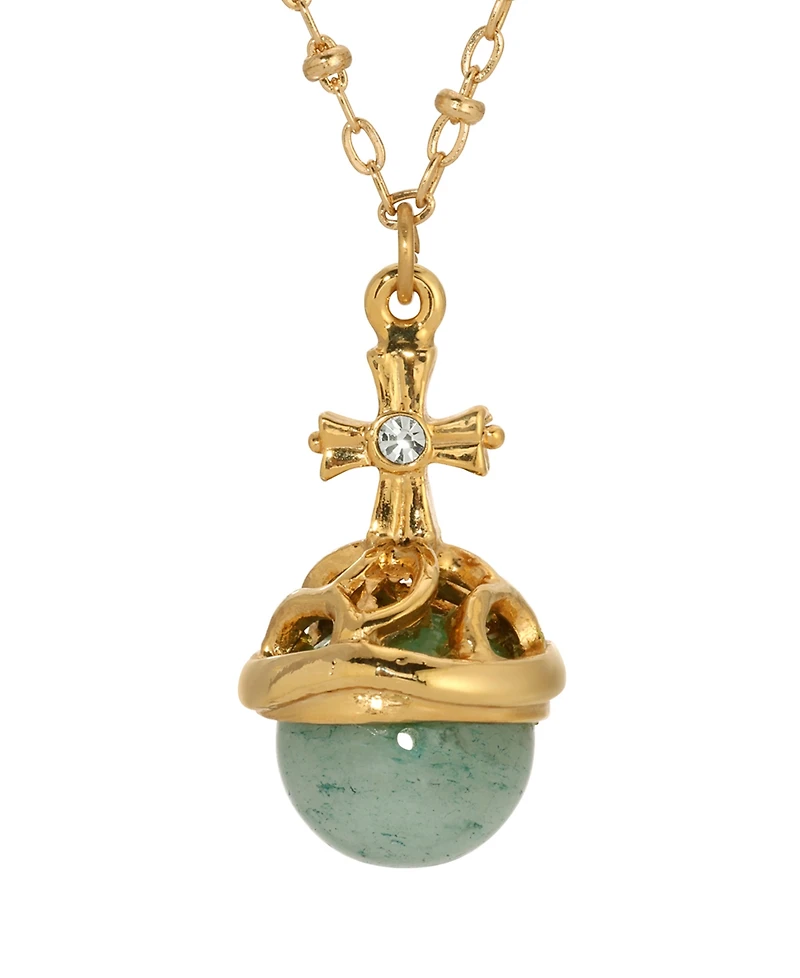 Symbols of Faith 14k Gold Dipped Green Adventurine Stone Crystal Cross 16" Necklace