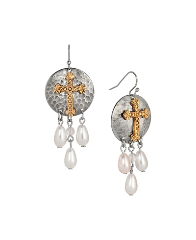 Symbols of Faith Silver Tone 14K Gold Dipped Cross With Drop Faux Pearls Wire Earrings
