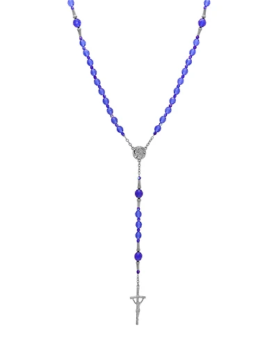 Symbols of Faith Silver-Tone Blue Bead Virgin Mary Crucifix Rosary