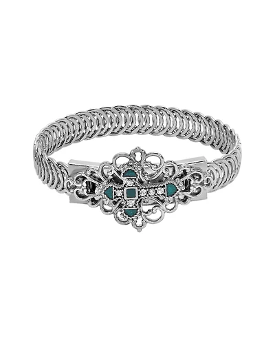 Symbols of Faith Silver Tone Green Enamel Cross Bracelet