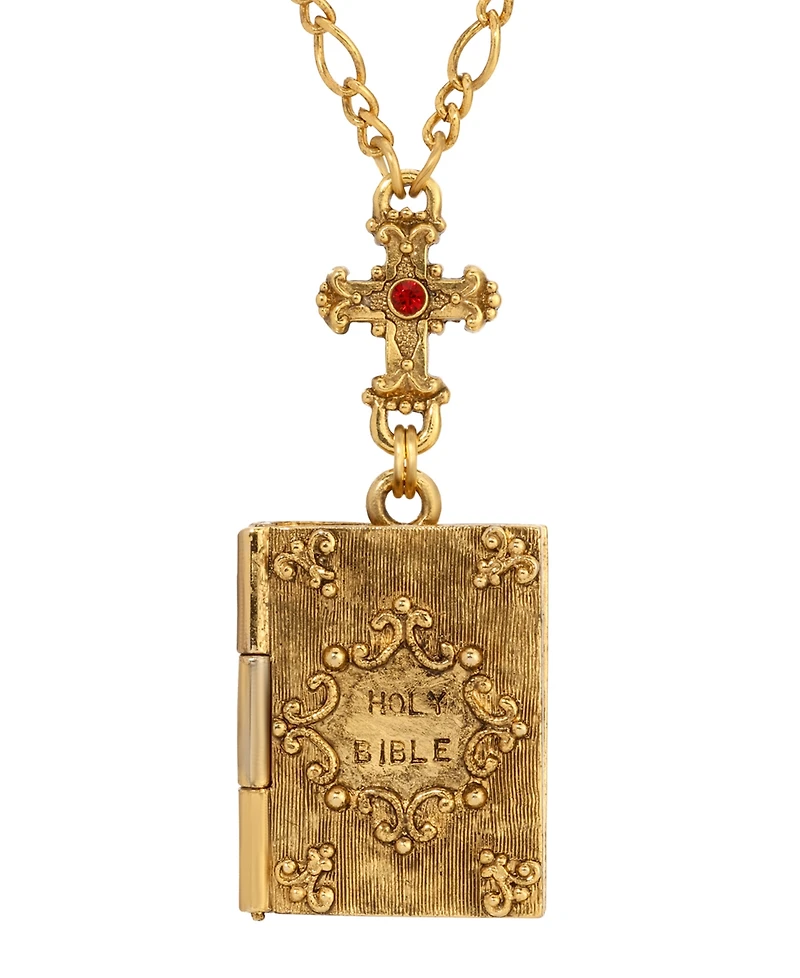 Symbols of Faith Gold Tone Cross Red Stone Bible Locket Jesus Calvary Decal 28" Necklace