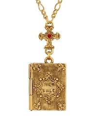 Symbols of Faith Gold Tone Cross Red Stone Bible Locket Jesus Calvary Decal 28" Necklace