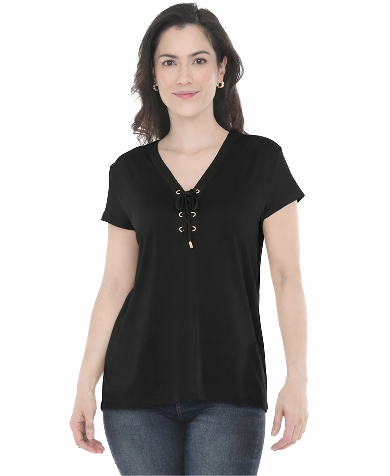 White Mark Women's V-Neck Front-Tie Pullover Top