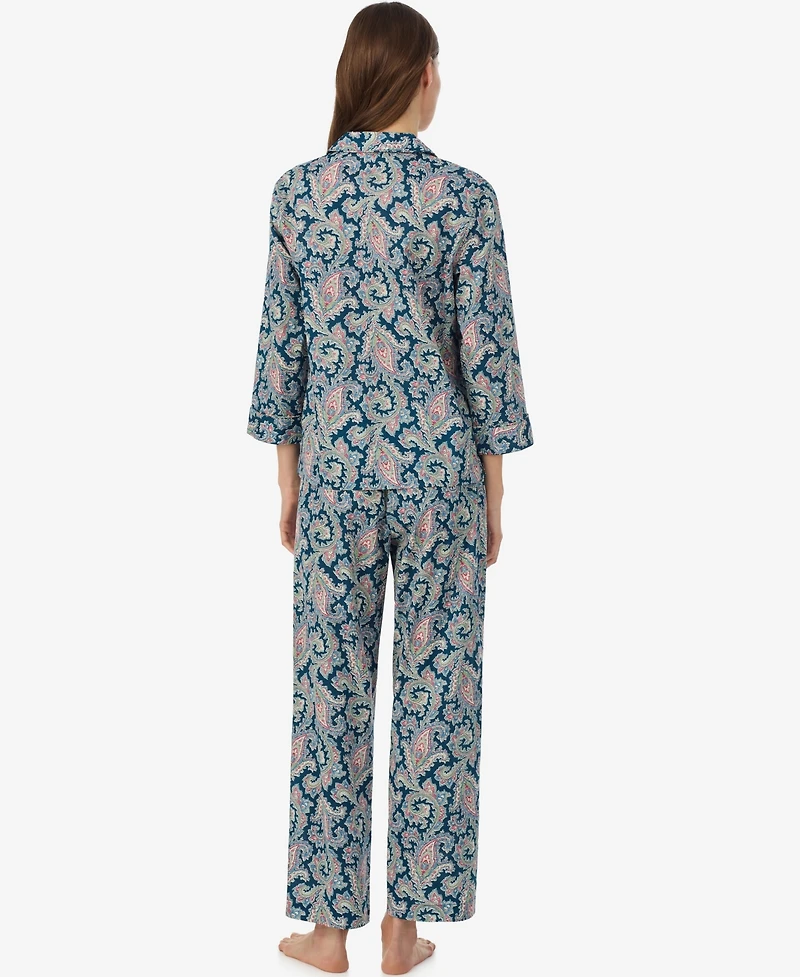 Lauren Ralph Petite Notch Collar Printed Top and Mid Rise Pajama Pants, 2-Piece Set