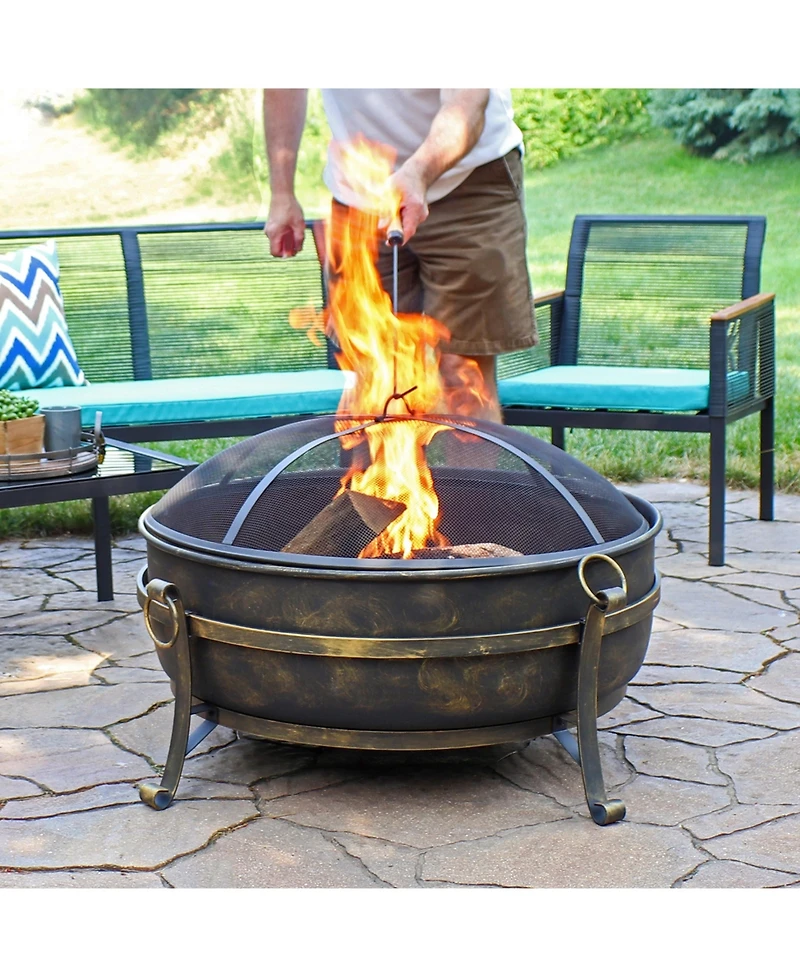 Outdoor Camping or Backyard Round Cauldron Fire Pit with Spark Screen, Log Poker, and Metal Wood Grate