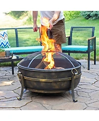 Outdoor Camping or Backyard Round Cauldron Fire Pit with Spark Screen, Log Poker, and Metal Wood Grate